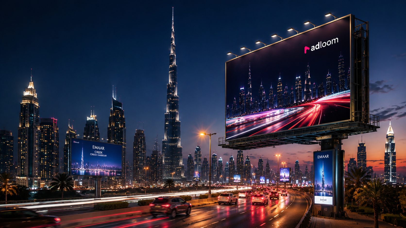 Adloom digital billboard glowing on Sheikh Zayed Road against the Dubai skyline