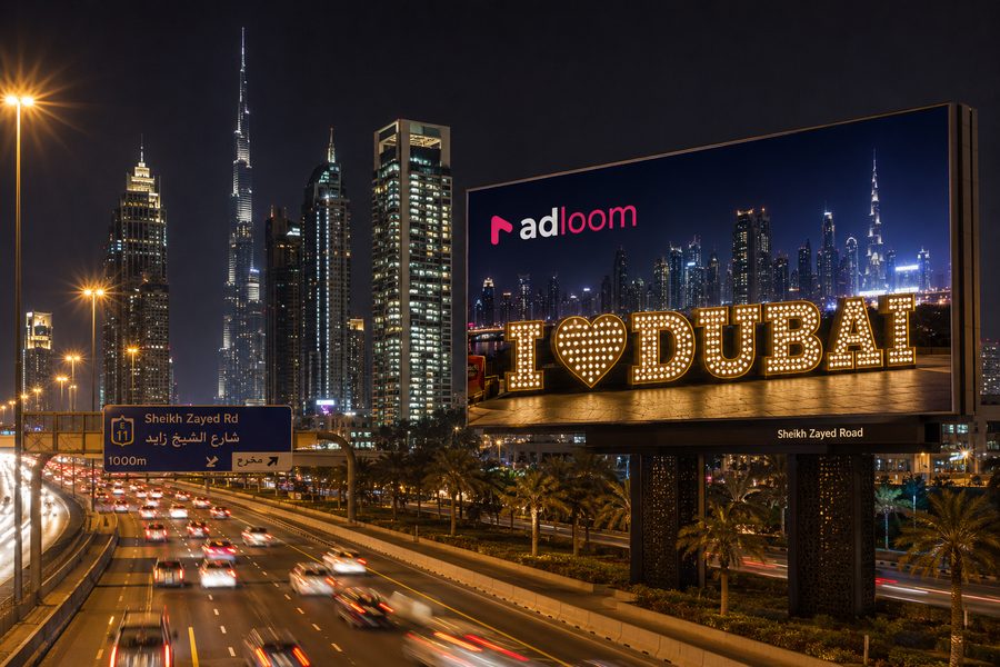 Adloom digital billboard on Sheikh Zayed Road at night